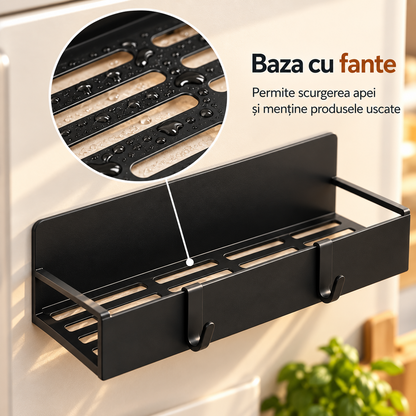 Set 2 Rafturi Magnetice Elindor®, Organizatoare pentru Frigider si Bucatarie, Suporturi de Depozitare din Otel Carbon, Fixare Magnetica Fara Gaurire, Baza cu Plasa Metalica, 4 Carlige pentru Accesorii, 29.5 x 7.5 x 9.5 cm, Negru