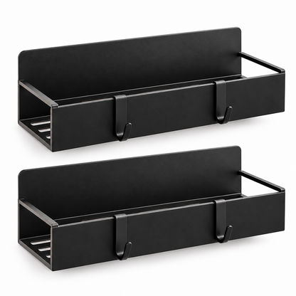 Set 2 Rafturi Magnetice Elindor®, Organizatoare pentru Frigider si Bucatarie, Suporturi de Depozitare din Otel Carbon, Fixare Magnetica Fara Gaurire, Baza cu Plasa Metalica, 4 Carlige pentru Accesorii, 29.5 x 7.5 x 9.5 cm, Negru
