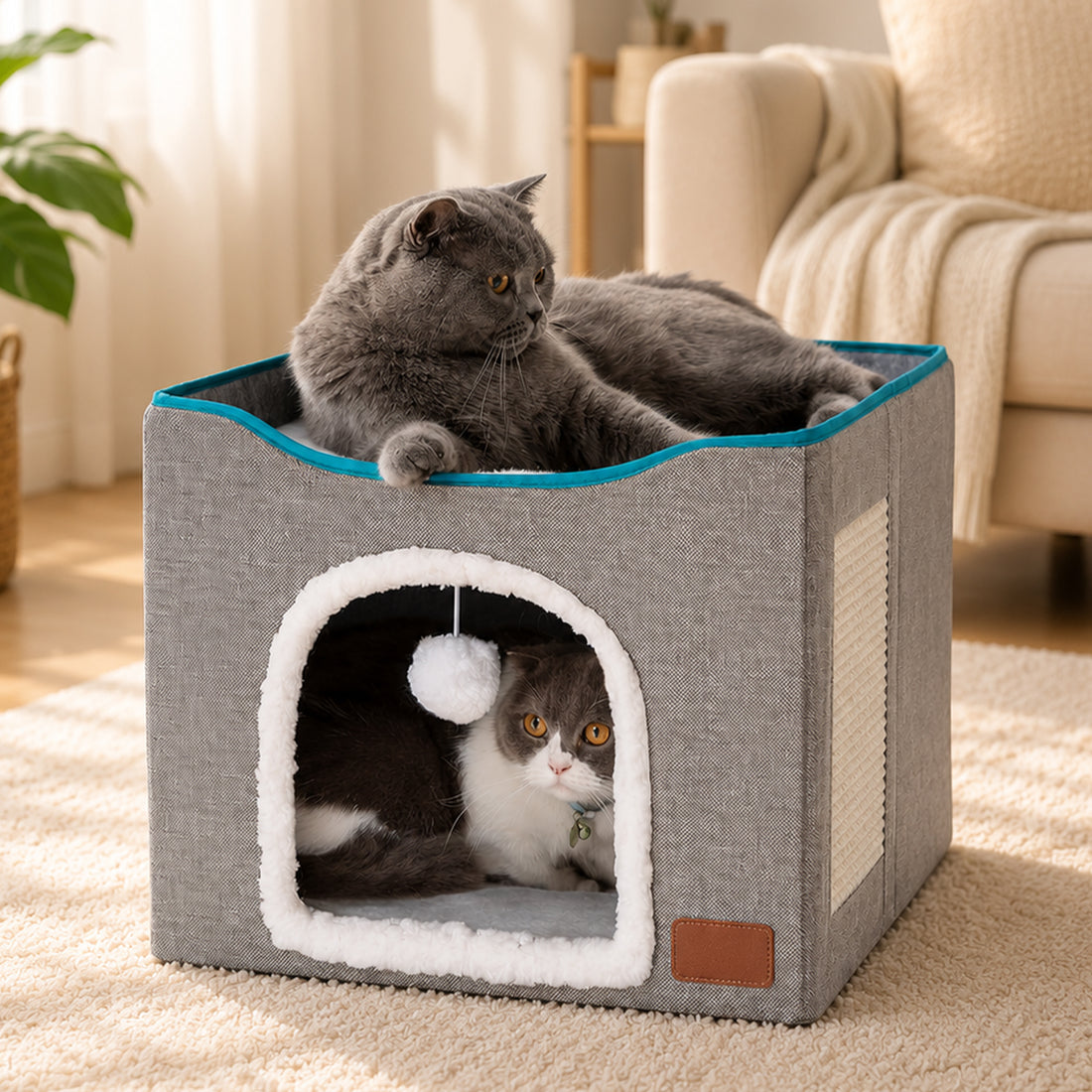 Pat pentru Pisici si Caini Elindor®, Culcus cu Interior Pliabil, Cu Baza Detasabila, Perna Confortabila, Jucarie Agatata, Zona de Ascutit Gheare, Ascunzatoare pentru Odihna si Joaca, 42×42×33 cm, Gri