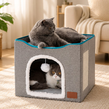 Pat pentru Pisici si Caini Elindor®, Culcus cu Interior Pliabil, Cu Baza Detasabila, Perna Confortabila, Jucarie Agatata, Zona de Ascutit Gheare, Ascunzatoare pentru Odihna si Joaca, 42×42×33 cm, Gri