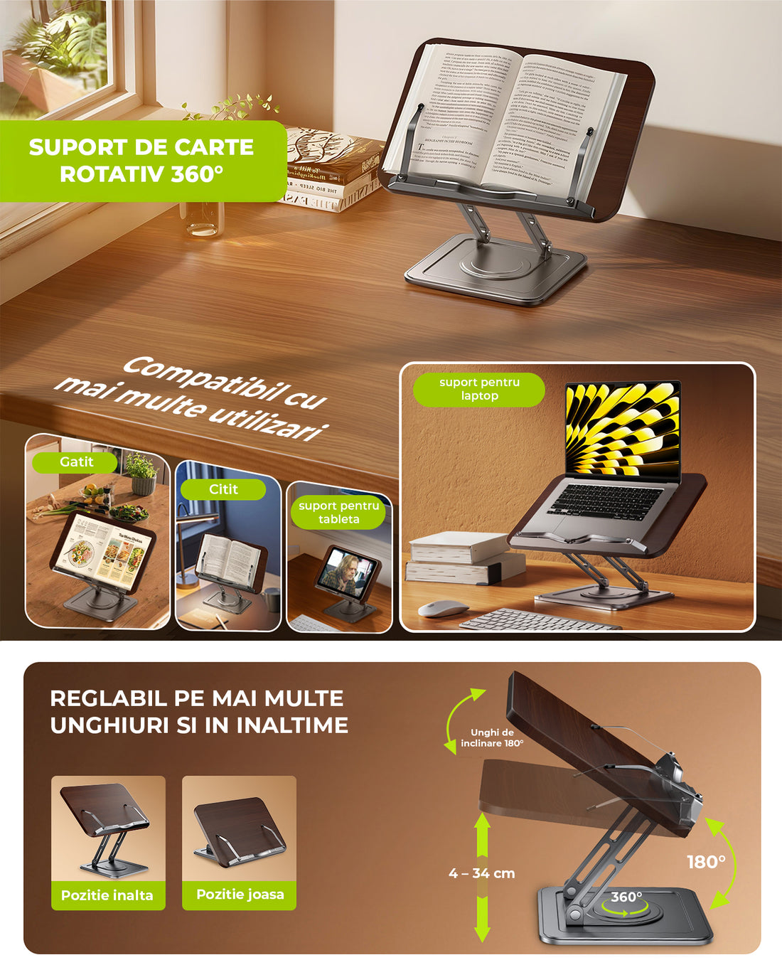 Suport de Carte Elindor® pentru Lectura, Accesoriu Carti Versatil, Reglabil si Pliabil, cu Baza Rotativa 360° si Cleme Elastice, pentru Carte de Bucate, Manuale, Retete, Partituri, 34 x 23 cm, Negru / Maro