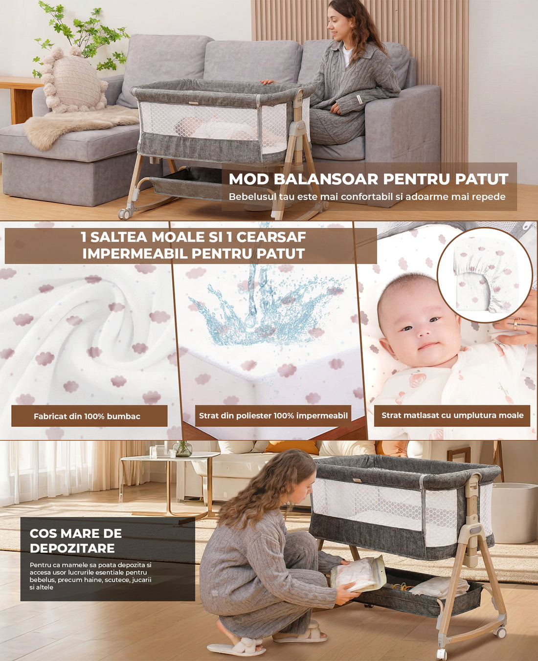 Patut Pliabil Bebelusi Elindor® 3 in 1, Copii 0-12 luni, Leagan Bebe, 6 Trepte de Inaltime Reglabila, Portabil, Plasa Laterala, Roti cu Sistem Blocare, Greutate Maxima 10 kg, Gri