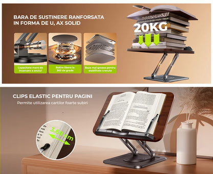 Suport de Carte Elindor® pentru Lectura, Accesoriu Carti Versatil, Reglabil si Pliabil, cu Baza Rotativa 360° si Cleme Elastice, pentru Carte de Bucate, Manuale, Retete, Partituri, 34 x 23 cm, Negru / Maro