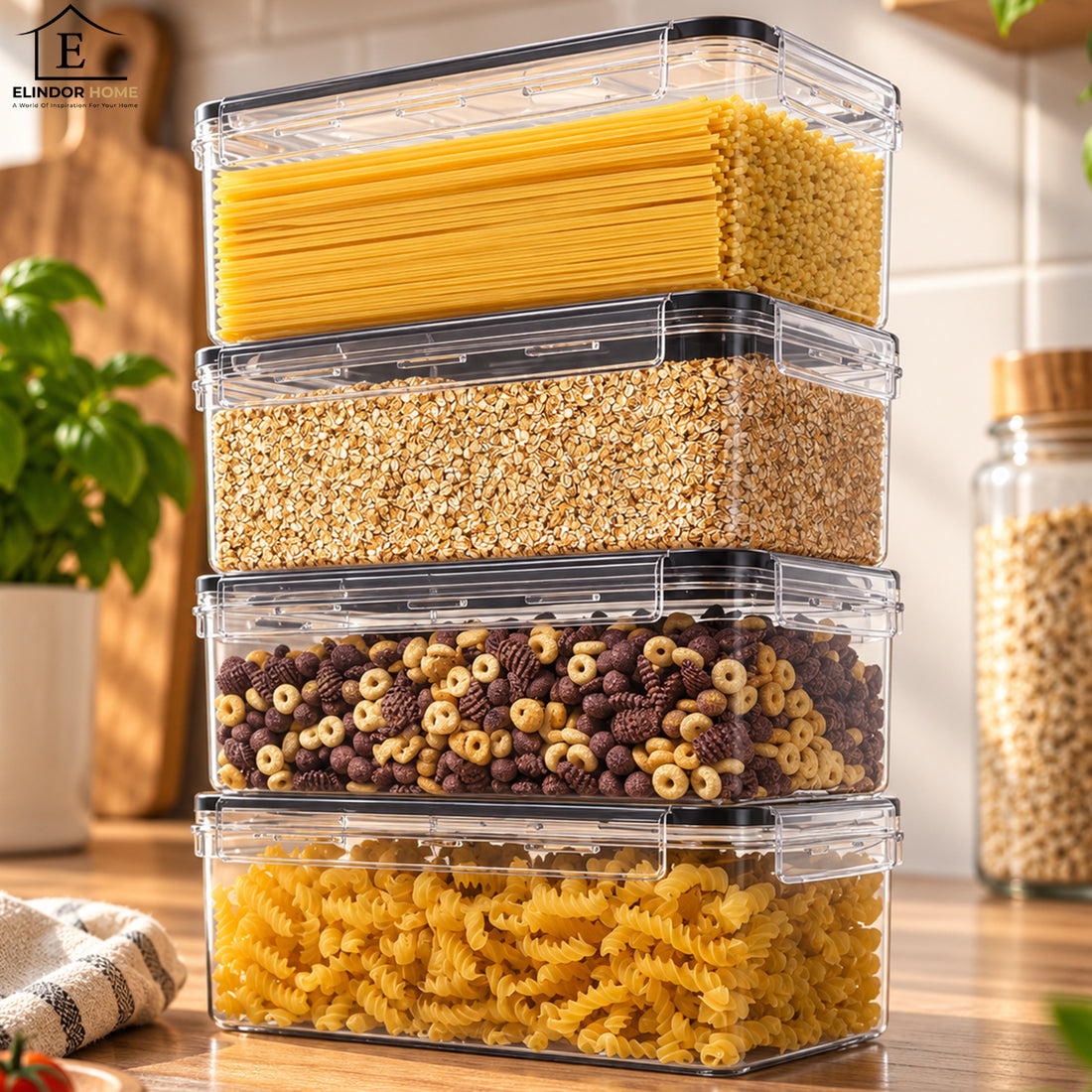 Set de 4 Recipiente Elindor® Extra Mari, Caserole Ingrediente pentru Bucatarie, pentru Alimente Uscate, Recipient pentru Depozitare Cafea, Zahar, Paste, Cereale, Capac Etans, fara BPA, Etichete Reutilizabile, 3.6L, Transparent