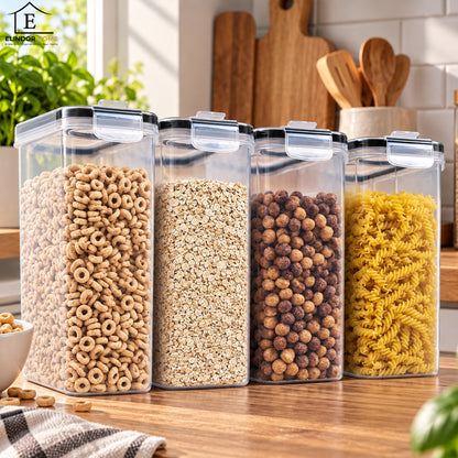 Set de 4 Recipiente Elindor® Mari, Caserole Ingrediente pentru Bucatarie, pentru Alimente Uscate, Recipient pentru Depozitare Cafea, Zahar, Paste, Cereale, Capac Etans, fara BPA, 24x25x11 cm, 4L, Transparent