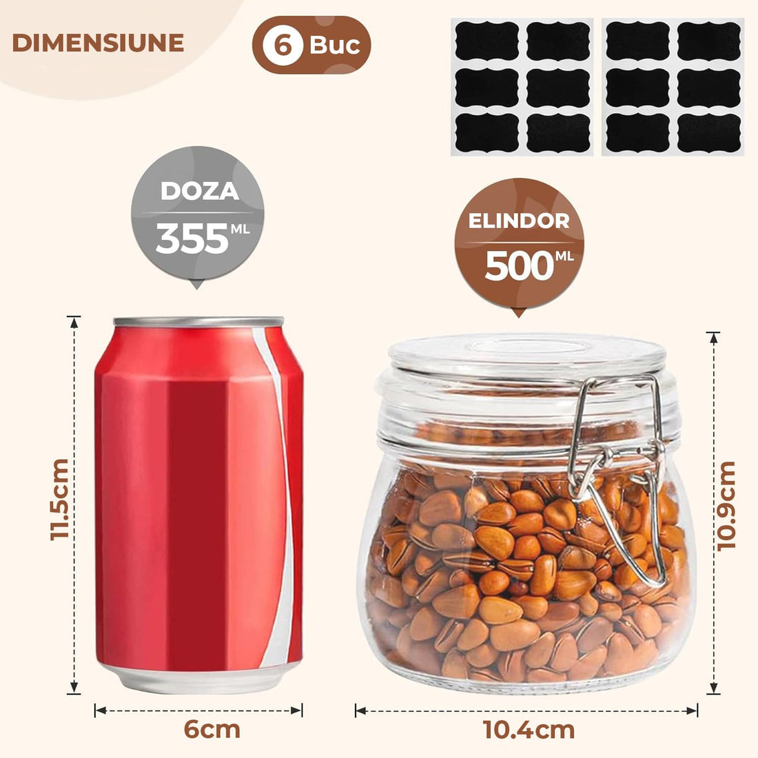 Dimensiuni borcan din sticlă de 500 ml comparate cu o doză de 355 ml, incluzând etichete reutilizabile.