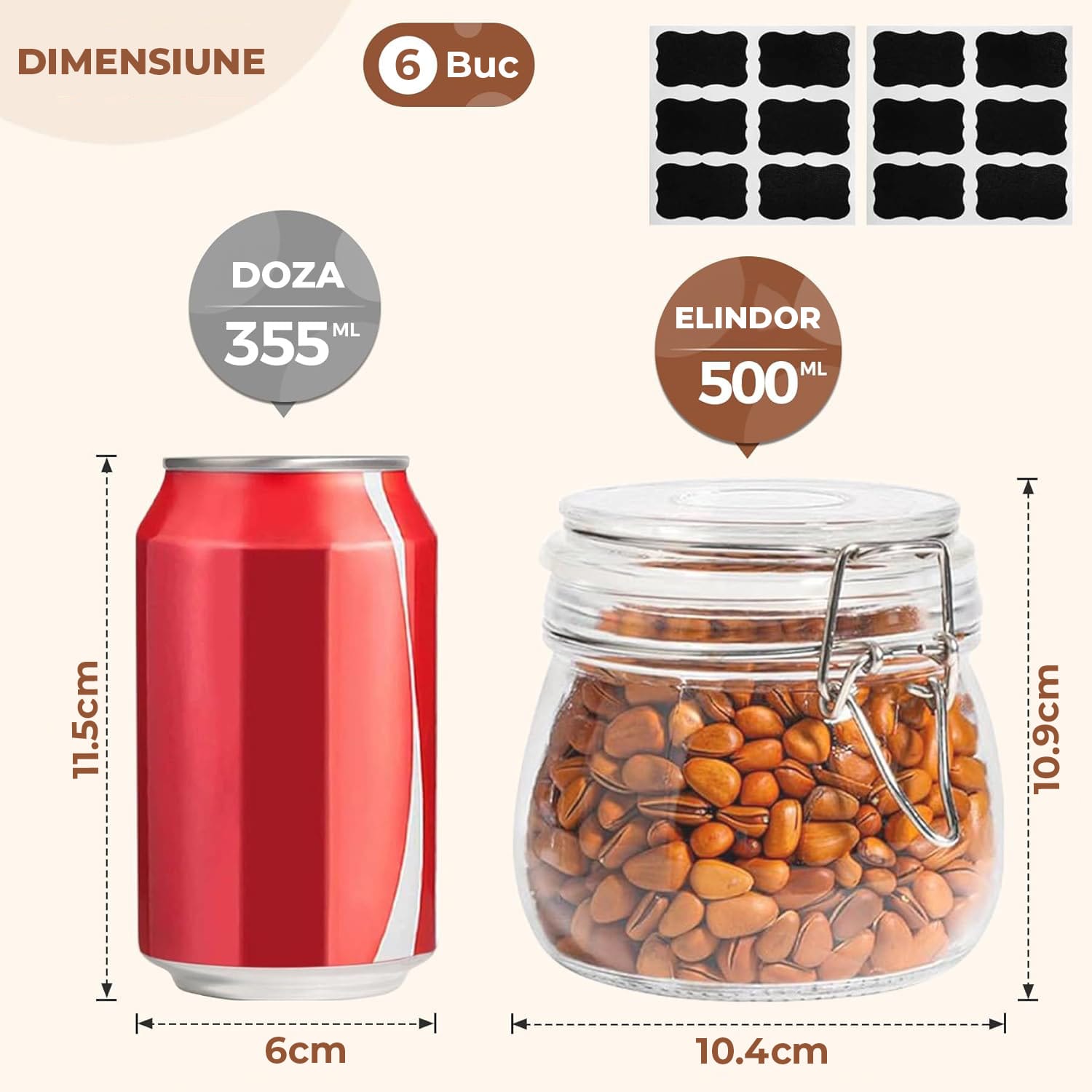 Dimensiuni borcan din sticlă de 500 ml comparate cu o doză de 355 ml, incluzând etichete reutilizabile.