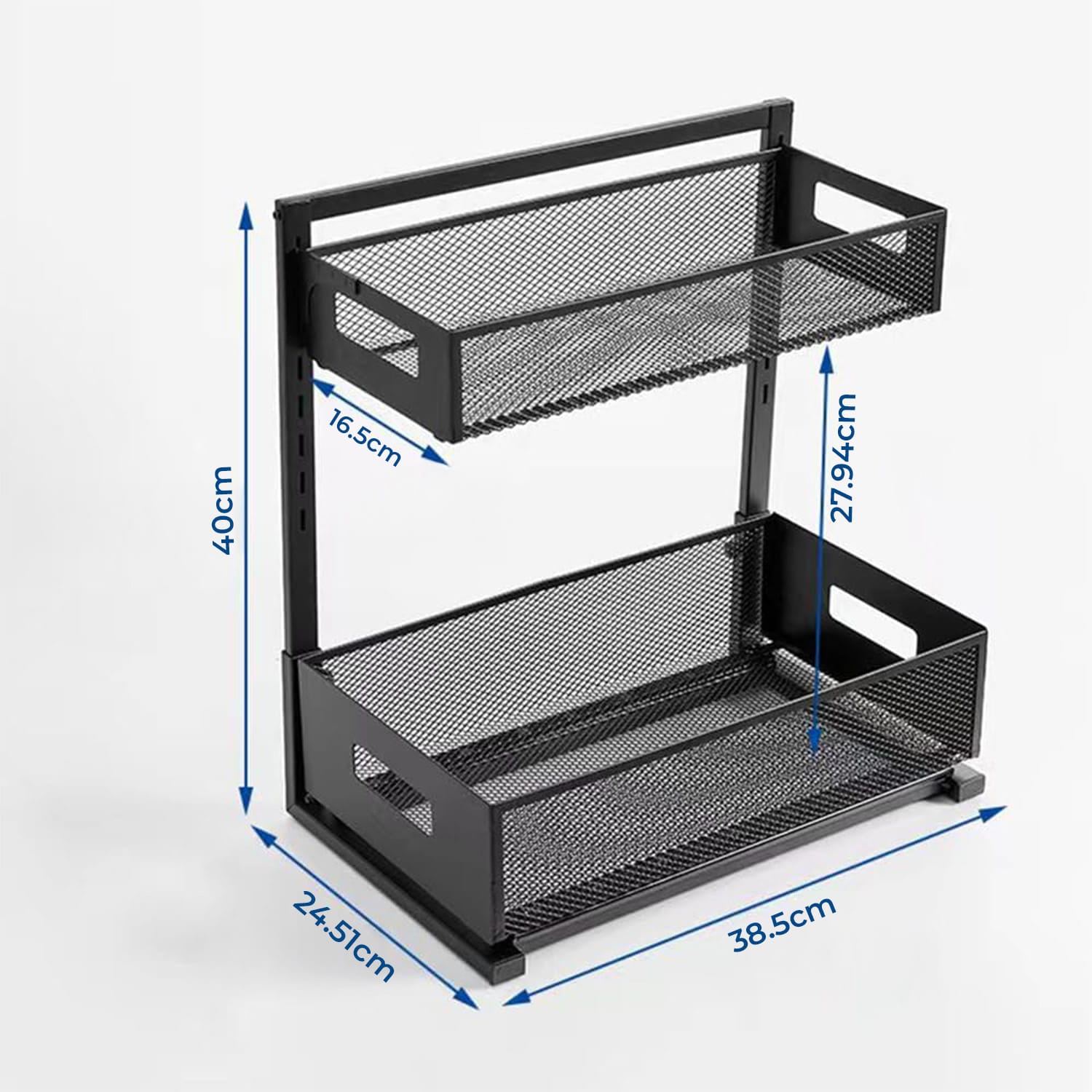 Organizator metalic pentru dulap cu dimensiuni precise: 40 cm înălțime, 38.5 cm lățime, 24.5 cm adâncime. Ideal pentru depozitare eficientă.
