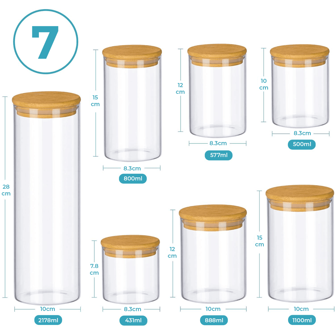 Dimensiunile setului de 7 borcane din sticlă cu capac de bambus pentru depozitare alimentară.