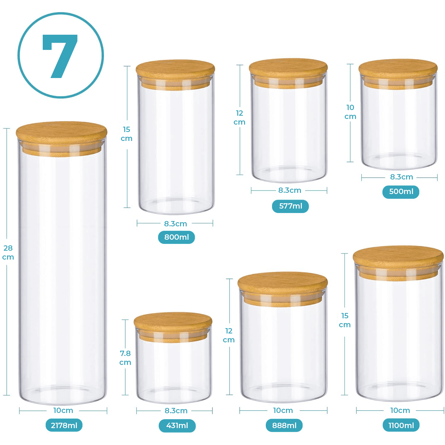 Dimensiunile setului de 7 borcane din sticlă cu capac de bambus pentru depozitare alimentară.