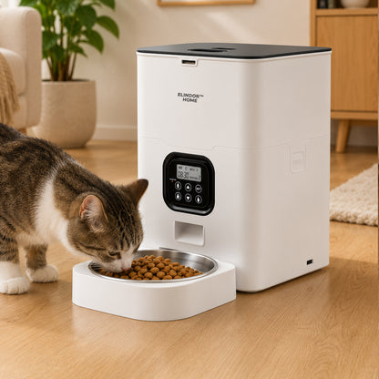 Hranitor Automat Animale Elindor® Dozator Mancare Caini si Pisici, Adapator Capacitate 4L, 1x Castron Inox, Sunet Hranire, Dispenser Programabil, Alimentare Dubla, Adaptor Priza, Baterii, Ecran LCD, Alb