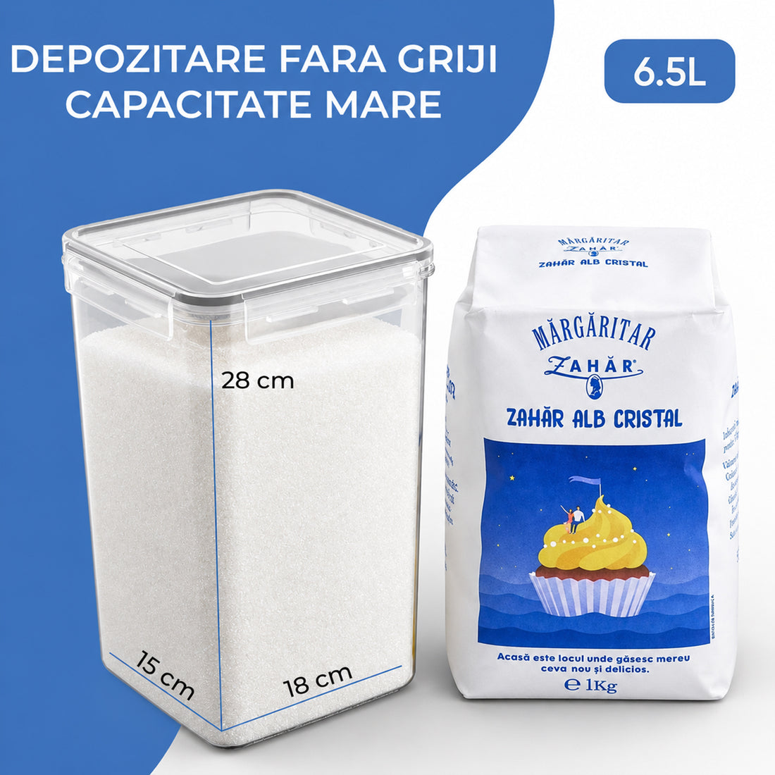 Set 4 Recipiente Elindor® Depozitare Alimente, 6.5 L, Inchidere Ermetica, Garnitura Silicon, Fara BPA, pentru Faina, Orez, Cereale, Paste, Etichete si Marker, Transparent
