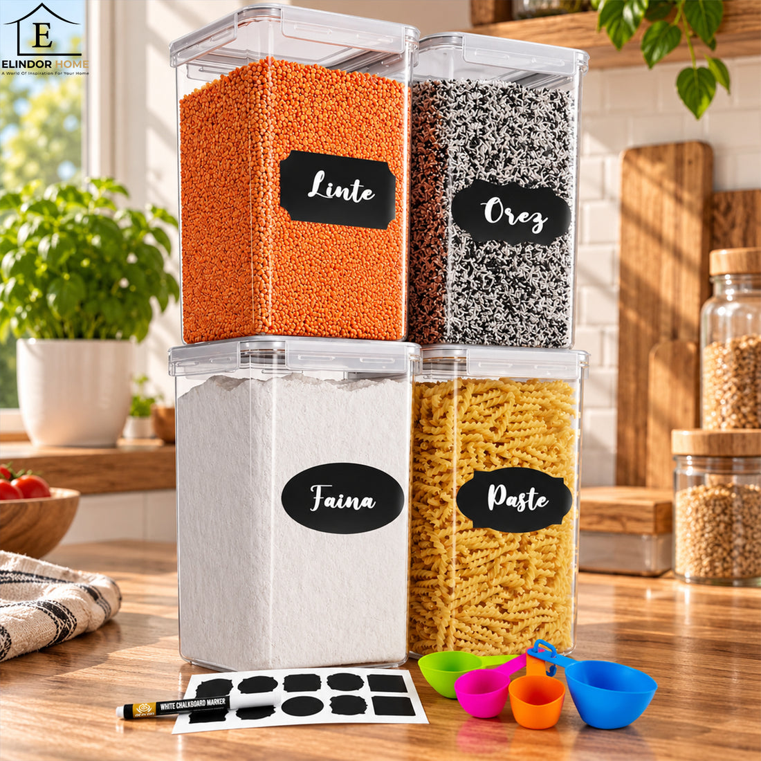 Set 4 Recipiente Elindor® Depozitare Alimente, 6.5 L, Inchidere Ermetica, Garnitura Silicon, Fara BPA, pentru Faina, Orez, Cereale, Paste, Etichete si Marker, Transparent