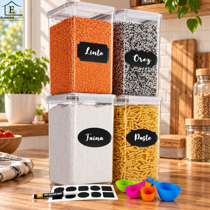 Set 4 Recipiente Elindor® Depozitare Alimente, 6.5 L, Inchidere Ermetica, Garnitura Silicon, Fara BPA, pentru Faina, Orez, Cereale, Paste, Etichete si Marker, Transparent