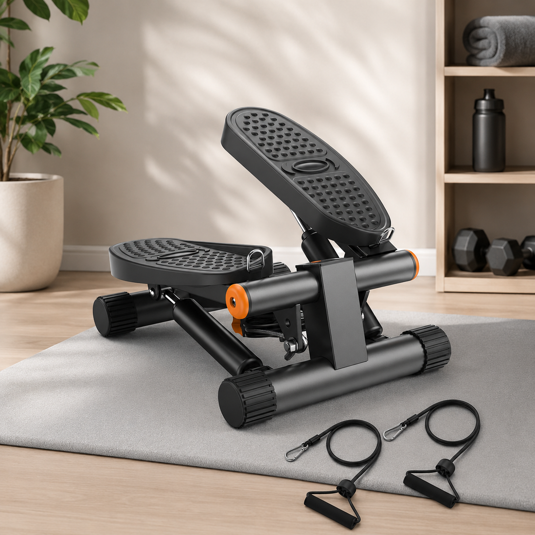 Stepper Elindor® pentru Antrenament Acasa, Pedale Antialunecare, Rezistenta Hidraulica, Greutate Suportata 135 Kg, Benzi Incluse, Negru