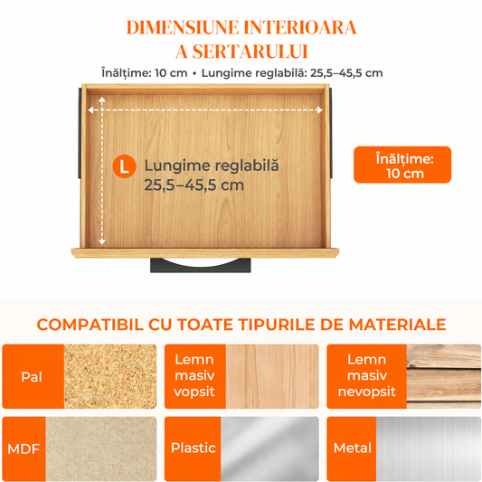 Set 5 Separatoare Extensibile Elindor® din Plastic pentru Sertar, Organizare Bucatarie, Birou, Dormitor, Baie, Organizatoare si Separatoare Sertare, Organizator Spatii Depozitare, Ajustabil si Extensibil de la 28 cm la 48 cm, Transparent
