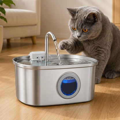 Fantana Apa Pisici si Caini Elindor®, Dispenser Automat cu Capac pentru Animale, Silentios 20dB, Adapator cu Dubla Circulatie, Sistem de Purificare si Filtrare Multiplu, Adaptor Priza, Filtru si Pompa Incluse, Capacitate 3.2L, Inox 304, Argintiu