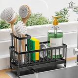 Suport Organizator Chiuveta Elindor® din Otel Carbon cu Tavita de Scurgere Rotativa 360 Grade, Compartimente Detasabile pentru Bureti, Detergent si Perii cu Design Modern si Stabil, Negru