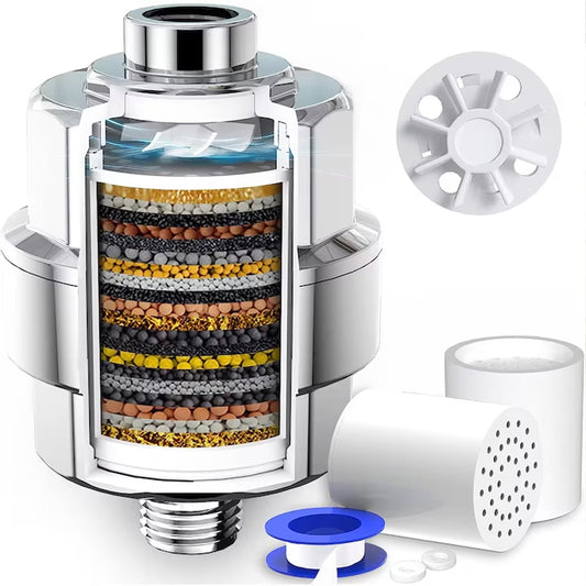 Filtru de Apă pentru Duș, 25 Stadii de Filtrare, Înlătură Impuritățile, Metale, Clor și Mirosuri, 2 Filtre Incluse, Cromat