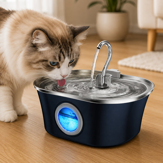 Fantana Apa Pisici si Caini Elindor®, Dispenser Automat cu Capac pentru Animale, Silentios 20dB, Adapator cu Dubla Circulatie, Sistem de Purificare si Filtrare Multiplu, Adaptor Priza, Capacitate 3,2L, Filtru si Pompa Incluse, Inox 304, Albastru