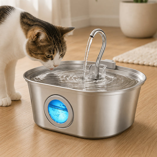 Fantana Apa Pisici si Caini Elindor®, Dispenser Automat cu Capac pentru Animale, Silentios 20dB, Adapator cu Dubla Circulatie, Sistem de Purificare si Filtrare Multiplu, Adaptor Priza, Filtru si Pompa Incluse, Inox 304, Capacitate 3.2L, Argintiu