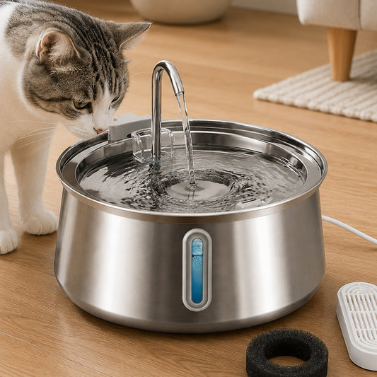 Fantana Apa Pisici si Caini Elindor®, Dispenser Automat cu Capac pentru Animale, Silentios 20dB, Adapator cu Dubla Circulatie, Sistem de Purificare si Filtrare Multiplu, Adaptor Priza, Capacitate 4L, Filtru si Pompa Incluse, Inox 304, Argintiu