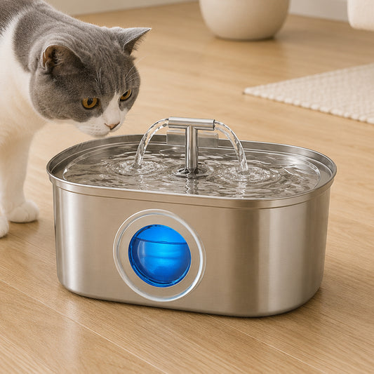 Fantana Apa Pisici si Caini Elindor®, Dispenser Automat cu Capac pentru Animale, Silentios 30dB, Adapator cu Dubla Circulatie, Adaptor Priza, Purificare si Filtrare Carbune Activ, Flux Dublu, Capacitate 3,2L, Filtru si Pompa Incluse, Inox 304, Argintiu
