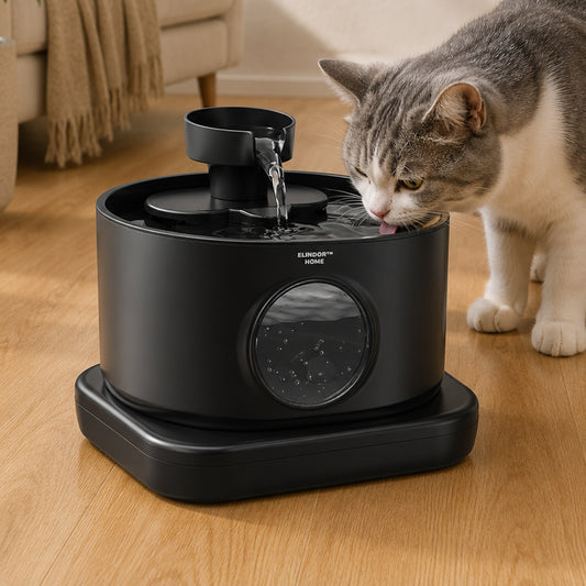 Fantana Apa Pisici si Caini Elindor®, Wireless, Senzor Miscare, Dispenser Automat cu Capac pentru Animale, Adapator cu Dubla Circulatie, Sistem de Purificare si Filtrare Carbune Activ, Flux Dublu, Filtru si Pompa Incluse, ABS, Capacitate 2.8L, Negru