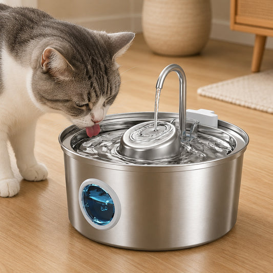 Fantana Apa Pisici si Caini Elindor®, Dispenser Automat cu Capac pentru Animale, Silentios 23dB, Adapator cu Dubla Circulatie, Adaptor Priza, Purificare si Filtrare Carbune Activ, Capacitate 3,2L, Filtru si Pompa Incluse, Inox 304, Argintiu