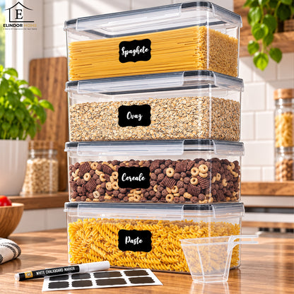 Set de 4 Recipiente Elindor® Mari, Caserole Ingrediente pentru Bucatarie, pentru Alimente Uscate, Recipient pentru Depozitare Cafea, Zahar, Paste, Cereale, Capac Etans, fara BPA, Etichete Reutilizabile, 3.2L, Transparent