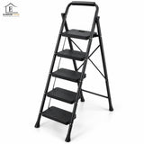 Scara Pliabila Metalica Elindor® cu 5 Trepte, Portabila, cu Pedale Late Antiderapante, Maner de Sprijin, Sistem de Blocare, Picioare Antialunecare, pentru Interior, Uz Casnic, Capacitate 150 kg, 145 x 95.5 cm, Negru