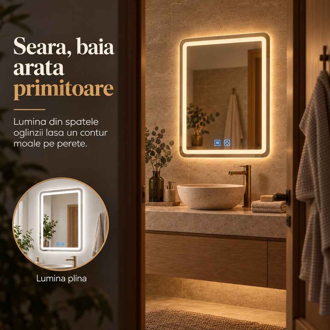 Seara: halou pe perete și lumină reglabilă