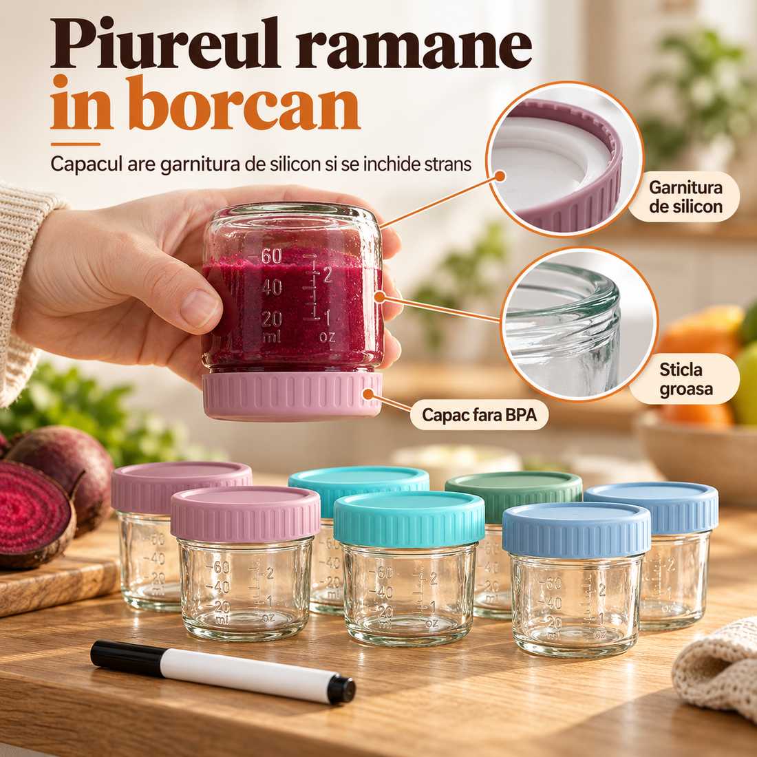 Garnitura, sticla groasa, capac fara BPA