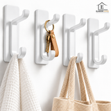 Set 4 Carlige Adezive de Perete Elindor®, Cuier Dublu pentru Prosoape, Haine, Geci, Genti si Accesorii, Montaj Fara Gaurire, Otel Inoxidabil, Rezistente la Apa, Capacitate 5.9 kg/Carlig, 3 x 3.3 x 8.5 cm, Alb