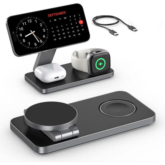 Incarcator Wireless 3 in 1 Portabil Magsafe Elindor®, 15W Qi Fast Charger, Stand Magnetic Pliabil de Birou, Charging Station pentru Apple Watch, AirPods, Telefon Compatibil iPhone, Incarcatoare fara Fir, Statie de Incarcare, Negru