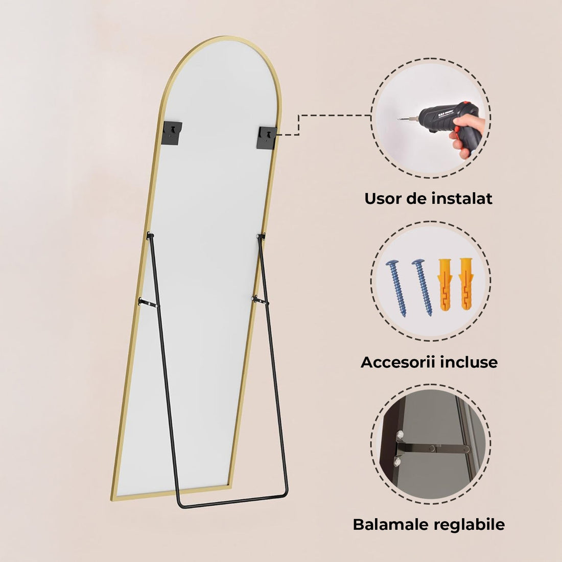 Oglinda Elindor® Cadru din Aluminiu, 150x40 cm, Design Arcada, Modern, Montaj pe Perete sau Podea, Ideala pentru Dormitor, Living sau Hol, Auriu