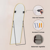 Oglinda Elindor® Cadru din Aluminiu, 150x40 cm, Design Arcada, Modern, Montaj pe Perete sau Podea, Ideala pentru Dormitor, Living sau Hol, Auriu