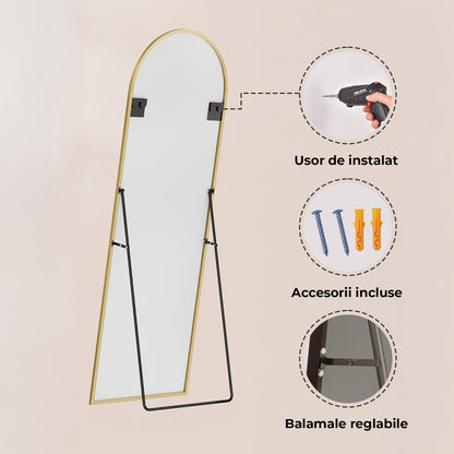Oglinda Elindor® Cadru din Aluminiu, 150x40 cm, Design Arcada, Modern, Montaj pe Perete sau Podea, Ideala pentru Dormitor, Living sau Hol, Auriu