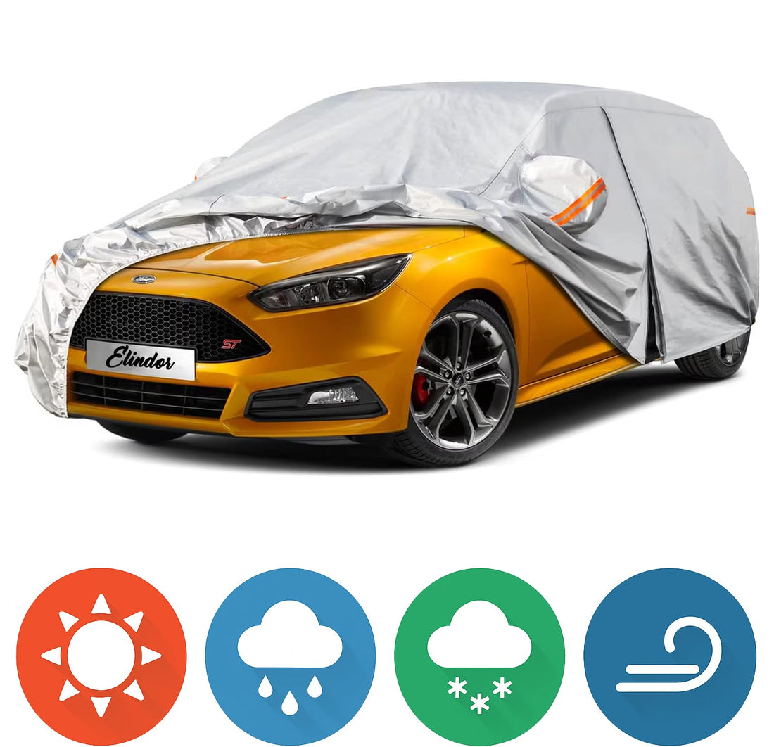 Prelată Auto Premium 6 Straturi, Impermeabilă, Protecție UV, Praf și Zăpadă, Accesorii Masina,Universală pentru Hatchback, Mărime M, 382 x 165 x 120 cm