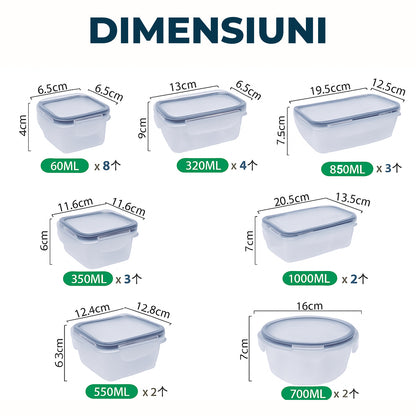 Set de 24 Caserole Elindor® Recipiente Ingrediente pentru Bucatarie, pentru Alimente Uscate, Recipient pentru Depozitare Cafea, Zahar, Paste, Cereale, Capac Etans, fara BPA, Potrivit pentru Congelator Transparent