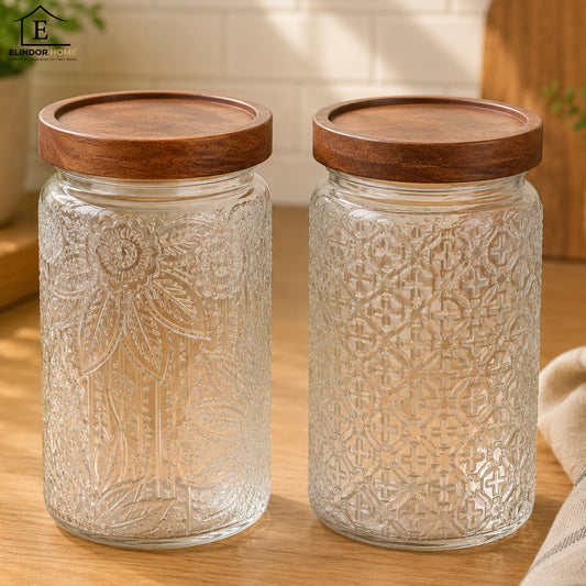 Set 2 Borcane din Sticla Elindor®  Capac Din Lemn, Design Vintage Sculptat, 1000ml, Recipiente Etanse pentru Depozitare, Transparent