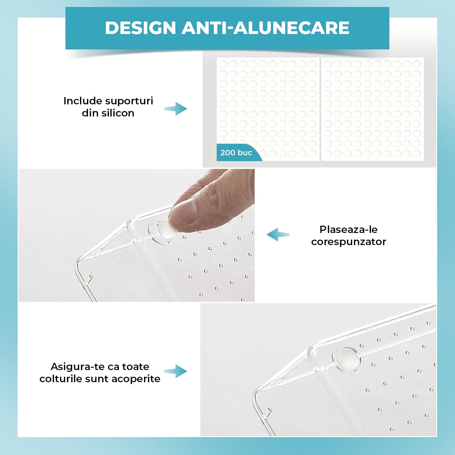 Organizatoare de sertare cu design anti-alunecare, prevăzute cu suporturi din silicon pentru stabilitate.