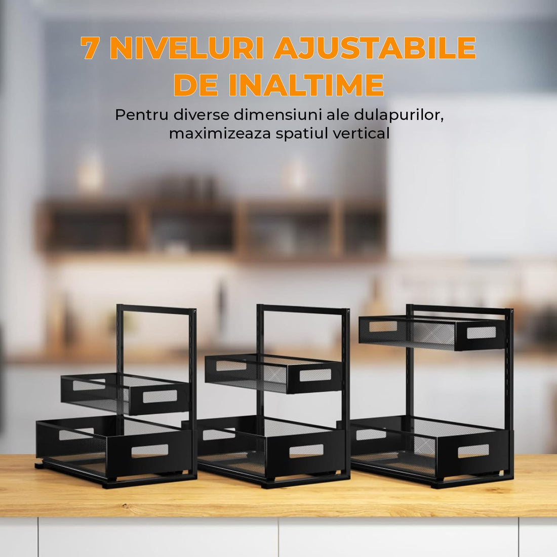 Organizator metalic cu 7 niveluri ajustabile de înălțime, ideal pentru dulapuri și maximizarea spațiului vertical în bucătărie sau baie.