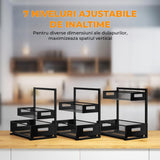 Organizator metalic cu 7 niveluri ajustabile de înălțime, ideal pentru dulapuri și maximizarea spațiului vertical în bucătărie sau baie.