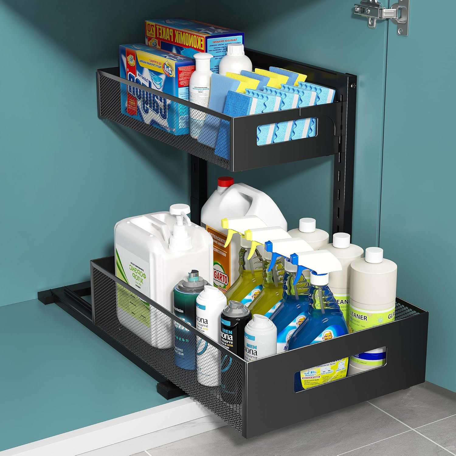 Organizator metalic glisant pentru produse de curățenie, ideal pentru bucătărie și baie