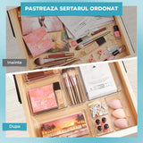 Organizator din plastic transparent pentru sertare, comparativ înainte și după utilizare.