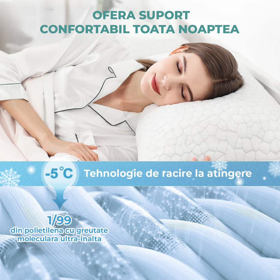 Straturi multiple de răcire și spumă cu memorie pentru o pernă cu suport excelent.