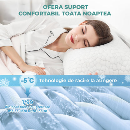 Straturi multiple de răcire și spumă cu memorie pentru o pernă cu suport excelent.