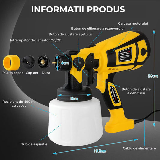 Pulverizator Vopsea Elindor®, Pistol de Vopsit Electric 800W, Pompa Airless pentru Zugravit si Aplicare Lavabila, 3 Duze Incluse, Jet Reglabil, Recipient 890 ml, Pompa de Vopsit Profesionala pentru Pereti, Mobilier si Proiecte DIY, Aparat Vopsit, Galben