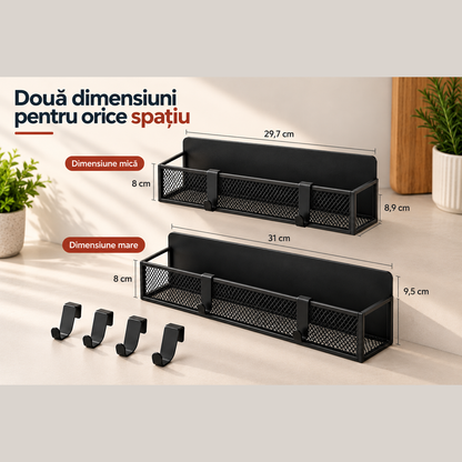 Set 2 Rafturi Magnetice Elindor®, Organizatoare pentru Frigider, Suporturi de Depozitare din Otel Carbon, Fixare Magnetica Fara Gaurire, Baza cu Plasa Metalica, 4 Carlige pentru Accesorii, Negru